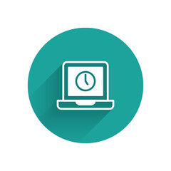 Poster - White Laptop time icon isolated with long shadow. Computer notebook with empty screen sign. Green circle button. Vector