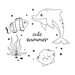 Wall Mural - black and white summer print with cartoon sea animals