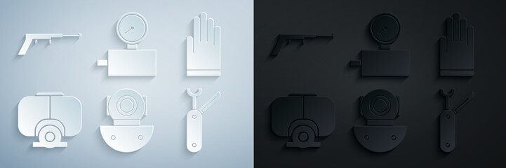 Wall Mural - Set Aqualung, Gloves, Diving mask, Swiss army knife, Gauge scale and Fishing harpoon icon. Vector