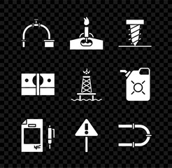 Poster - Set Industry pipe and valve, Oil rig with fire, Rotating drill digging hole, Contract money pen, Exclamation mark triangle, Stacks paper cash and icon. Vector