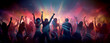© PETR BABKIN - dancing at a disco in a nightclub, a crowd of people with their hands up. Generative Ai