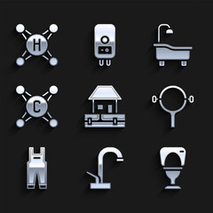 Poster - Set Water supply pipes, tap, Toilet bowl, Filter wrench, Work overalls, Bathtub and icon. Vector