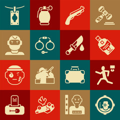 Poster - Set Headshot, Murder, Whiskey bottle, Police shotgun, Handcuffs, Thief mask, Money laundering and Bloody knife icon. Vector