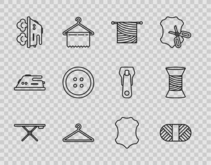 Sticker - Set line Ironing board, Sewing thread spool, Knitting, Hanger wardrobe, Electric iron, button for clothes, Leather and icon. Vector