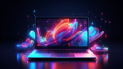 Wall Mural - futuristic laptop technology in neon colors - ideal for cover designs, wallpapers, and modern projec