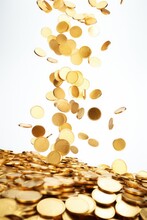 Falling Gold Coins In White Background, AI Generated Image