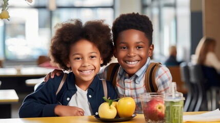 Wall Mural - young African American boy and girl who radiate joy as they enjoy their lunch break at school together.