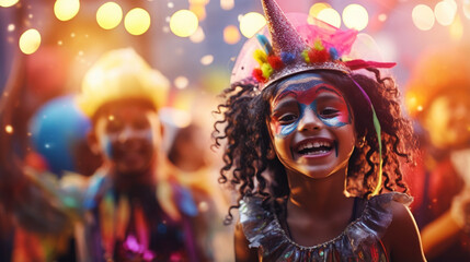 Wall Mural - Festive banner with halloween party. Happy smiling kids with scary with makeup and wearing carnival costume on shiny colorful bokeh background. Postcard with copy space. Generative AI