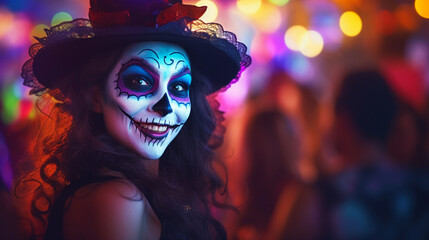 Wall Mural - Festive banner with halloween party. Woman with scary skeleton makeup and wearing carnival costume dance in night club background. Mexican death day. Generative AI