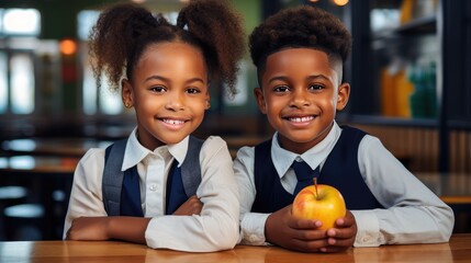 Wall Mural - young African American boy and girl who radiate joy as they enjoy their lunch break at school together.