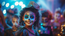 Festive Banner With Halloween Party. Little Girl With Scary Skeleton Makeup And Wearing Carnival Costume On Shiny Colorful Bokeh Background. Mexican Death Day. Generative AI