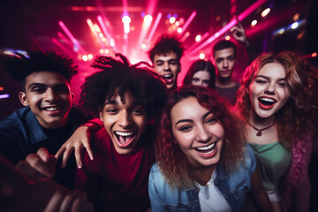 Party young and diverse people having fun in a nightclub. Happy teenager nightlife