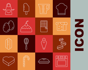 Sticker - Set line Oven, Macaron cookie, Bread toast, Measuring cup, Cake, Easter eggs, Kitchen apron and Chocolate bar icon. Vector