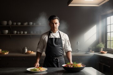 Portrait of smiling professional handsome asian man chef look at camera cooking and preparing food on counter standing in the restaurant commercial kitchen