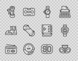 Set line Radio with antenna, Home stereo two speakers, Wrist watch, Music CD player, Camera roll cartridge, Skateboard trick, 90s Retro and icon. Vector