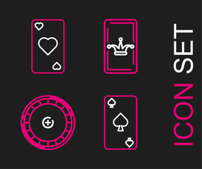 Poster - Set line Playing card with spades symbol, Casino roulette wheel, Joker playing and heart icon. Vector