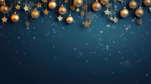 Festive Christmas Background With Christmas Decoration, Gold And Blue , Copy Space