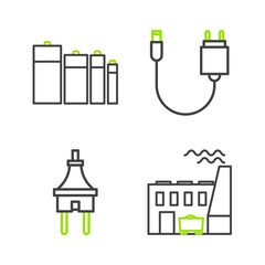 Poster - Set line Coal power plant and factory, Electric plug, Charger and Battery icon. Vector