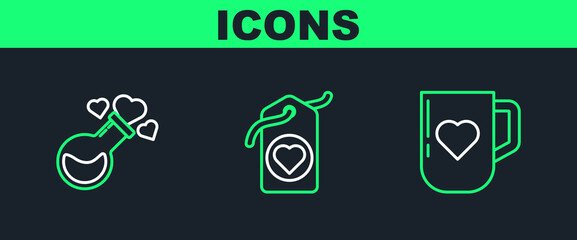 Wall Mural - Set line Coffee cup and heart, Bottle with love potion and Heart tag icon. Vector