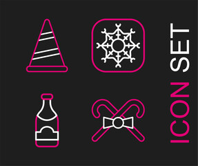 Wall Mural - Set line Christmas candy cane, Champagne bottle, Snowflake and Party hat icon. Vector