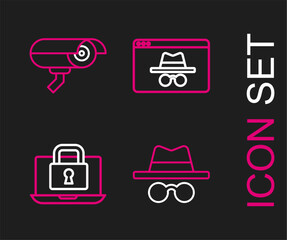 Poster - Set line Incognito mode, Laptop and lock, Browser incognito window and Security camera icon. Vector