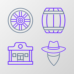 Sticker - Set line Cowboy, Wild west saloon, Gun powder barrel and Old wooden wheel icon. Vector