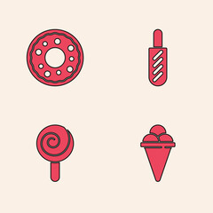 Sticker - Set Ice cream in waffle cone, Donut, Hotdog sandwich and Lollipop icon. Vector