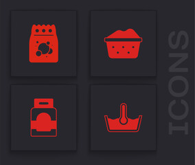 Poster - Set Temperature wash, Laundry detergent, Basin with soap suds and icon. Vector