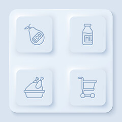 Sticker - Set line Healthy organic pear, Bottle with milk, Roasted turkey chicken and Shopping cart. White square button. Vector