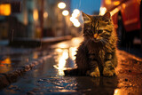 Fototapeta Uliczki - A stray kitten is sitting in the rain on the street