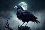 raven on the tree with a moon in the backgorund