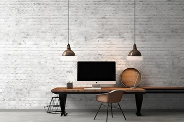 Wall Mural - table up empty screen wall background 3D office computer brick brick wall desk Modern desktop computer workspace white workspace isolated space illustrating designer screen isolated mock creative