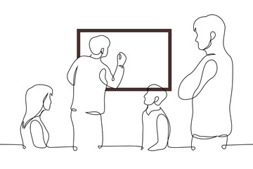 Wall Mural - man stands and writes on the blackboard the rest of the people look and listen attentively - one line art vector. concept teacher and students, brainstorming, colleagues or team develop a project