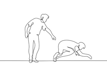 Wall Mural - man stumbled and falls second trying to help him - one line art vector. friend help concept