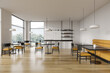 © ImageFlow - Stylish cafe interior with chairs and table, bar counter near panoramic window