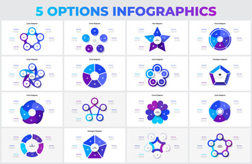Fototapete - Big set of vector pentagons, circles, arrows and abstract elements for cycle infographic with 5 options