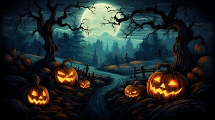 Halloween background with Evil Pumpkin. Spooky scary dark Night forrest. Holiday event halloween banner