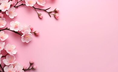 Wall Mural - Pink cherry flowers on light pink background. Greeting card template for Wedding, mothers or womans day.