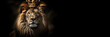 Lion king in a crown on a black background, Lion king of animals, copy space. Created using generative artificial intelligence technology.