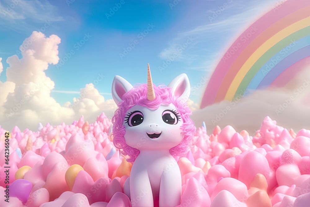 Abstract 3d cute cartoon image of unicorn and rainbow on clouds, cute ...