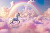 Fototapeta Londyn - Abstract 3d unicorn and rainbow on clouds, cute unicorn background, mother and baby store background, kids room wallpaper, kindergarten wallpaper, children's book illustration