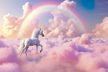 Abstract 3d Unicorn And Rainbow On Clouds, Cute Unicorn Background, Mother And Baby Store Background, Kids Room Wallpaper, Kindergarten Wallpaper, Children's Book Illustration