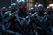Cybernetic Defenders, 3D Rendering Of A Group Of Robots In A Dark Space, Futuristic Technology Concept, Group Of Futuristic Soldiers Robots And Cyborgs, Red Eyes Robots