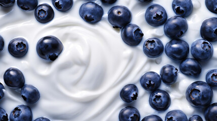 Yogurt and fresh berries blueberries, background. Top view. Generative AI