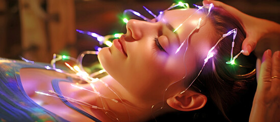 Panorama woman having reiki healing treatment , alternative medicine.AI generated.