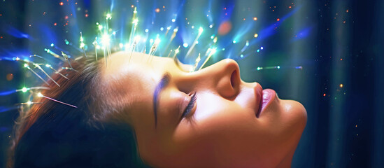 Wall Mural - Panorama of woman with Aurora beams of energy.AI generated.