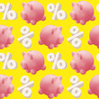 Leinwandbild Motiv 3d seamless pattern of pink piggy bank and percent sign on yellow color background, time to save money. 3d design