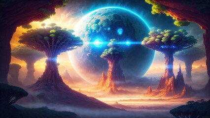 Wall Mural - landscape of an alien planet, view of another planet with fantastic trees, science fiction backgroun