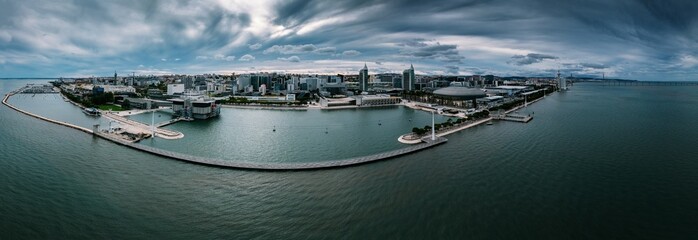 Aerial panoramic view Park of The Nations in Lisbon, Portugal with major attractions visible