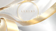 Luxury white background with gold ribbon elements and circle frame with glitter light effect decoration and bokeh.